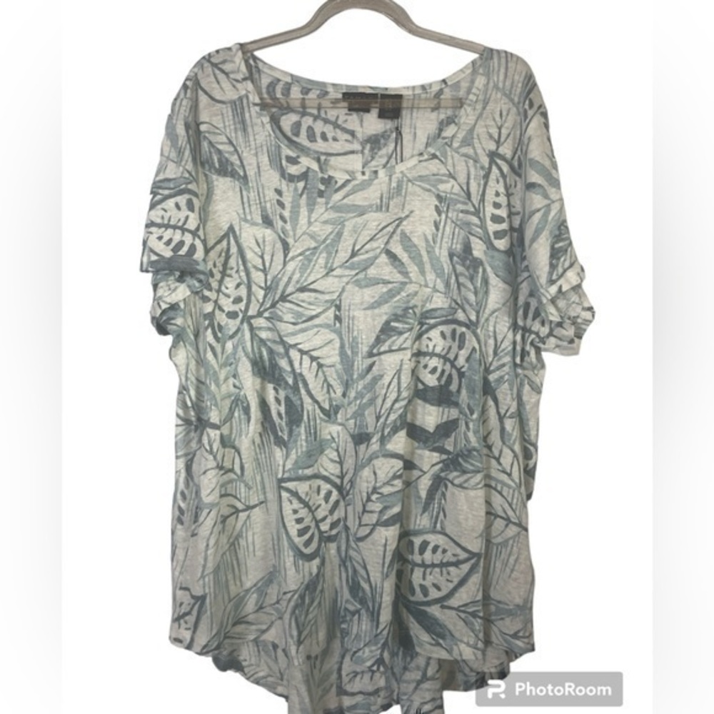 NEW Tahari 100% Linen Floral Shirt Sleeve Blue & White Top 1X